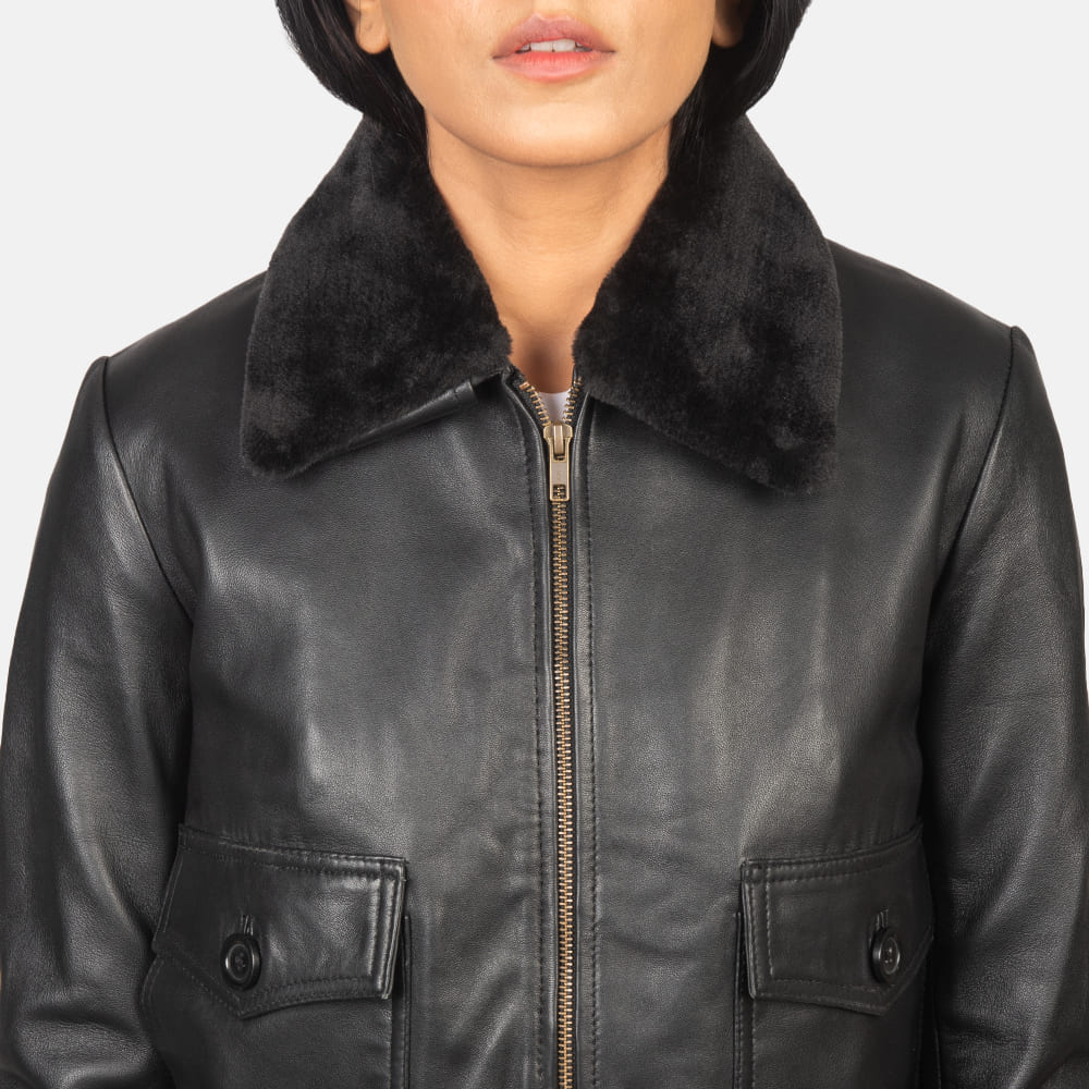 MRKSHI AMBRE — Lamb Nappa leather Jacket in Black, three quarter view