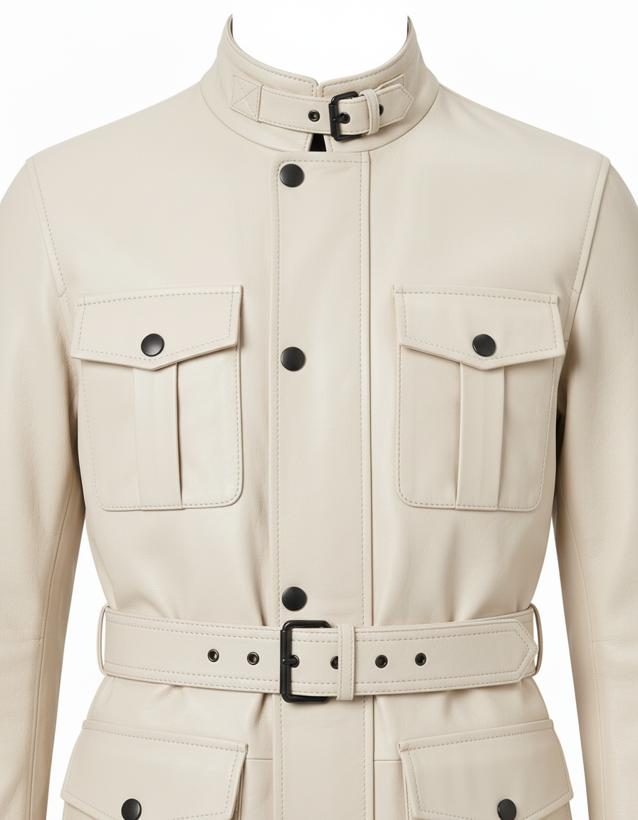 MRKSHI ECHO — Smooth Leather leather Coat in Off White, leather detail