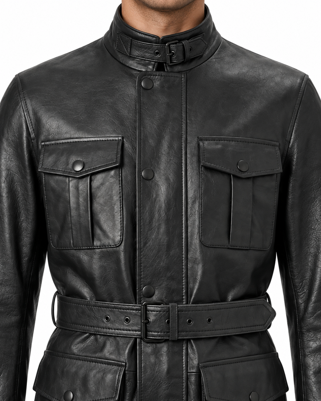 MRKSHI ECHO — Smooth Leather leather Coat in Black, leather detail