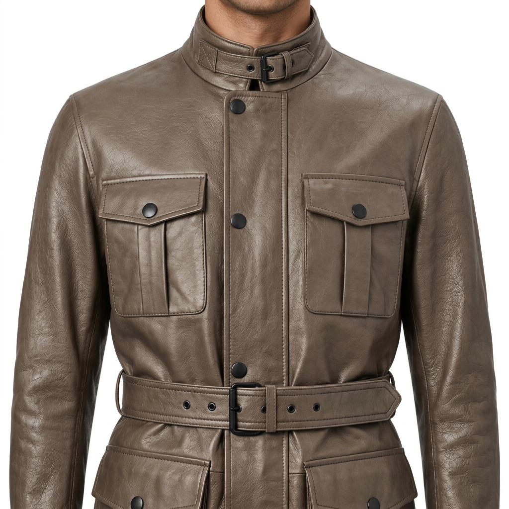 MRKSHI ECHO — Smooth Leather leather Coat in Taupe, leather detail
