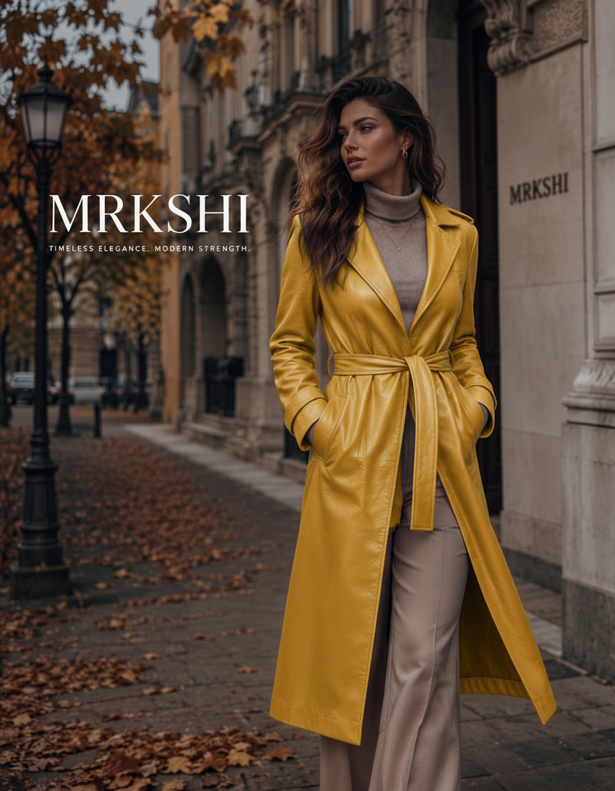 MRKSHI FOREVER — Smooth Leather leather Coat in Yellow, leather detail