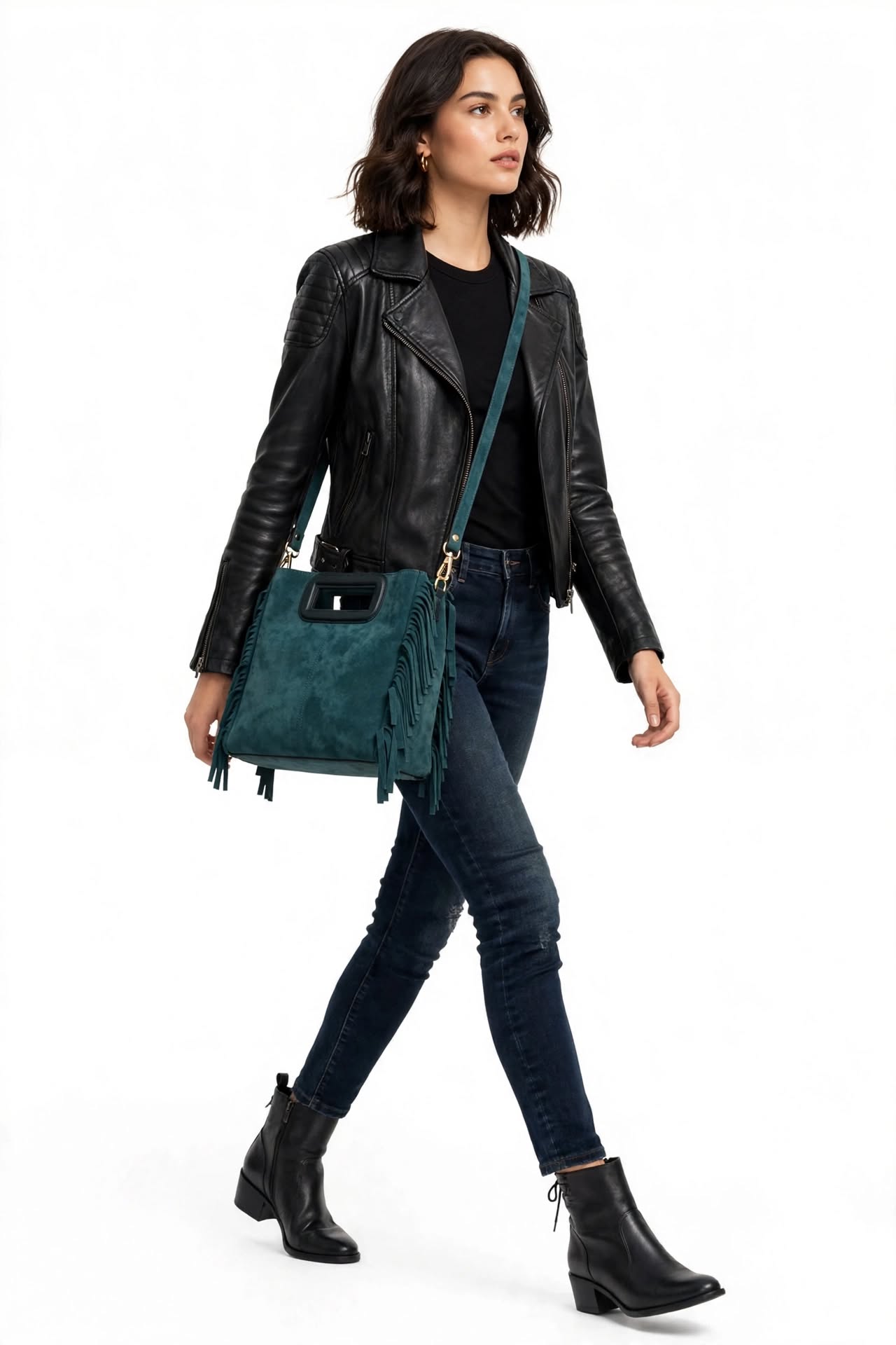 MRKSHI ORBIT — Suede leather Bag in Forest Green, detail