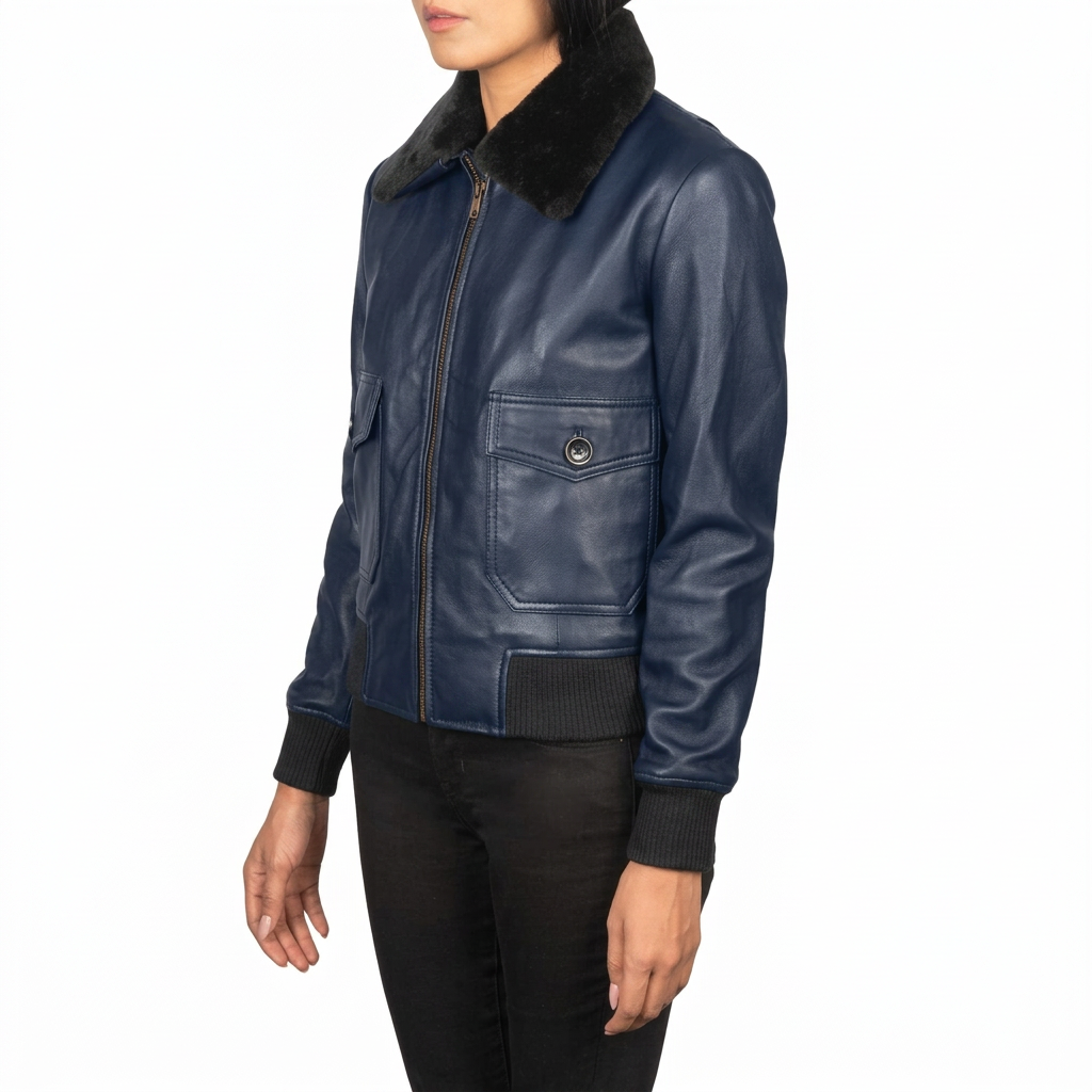 MRKSHI AMBRE — Lamb Nappa leather Jacket in Navy, side view