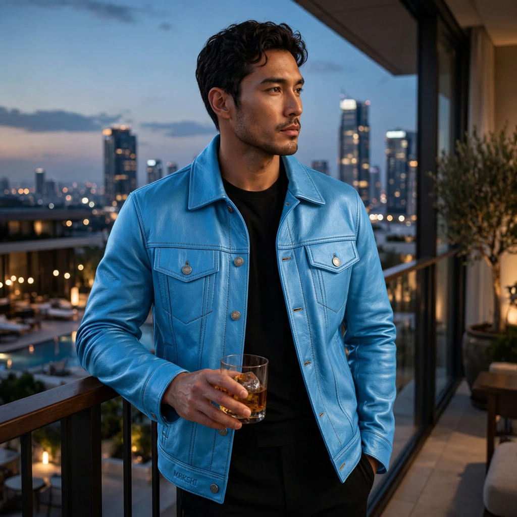 MRKSHI ALIVE — Lamb Nappa leather Jacket in Baby Blue, detail
