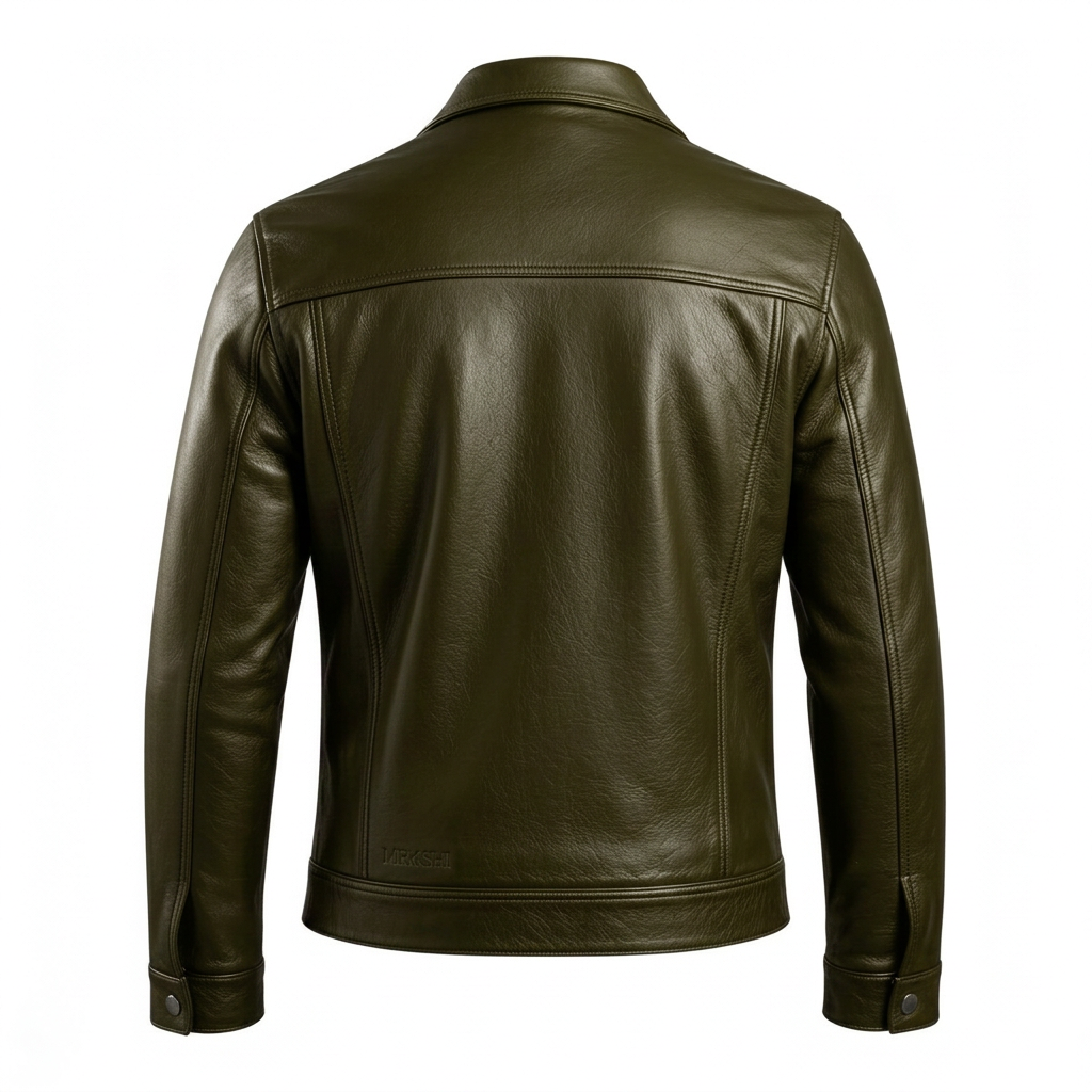 MRKSHI ALIVE — Lamb Nappa leather Jacket in Olive, back view