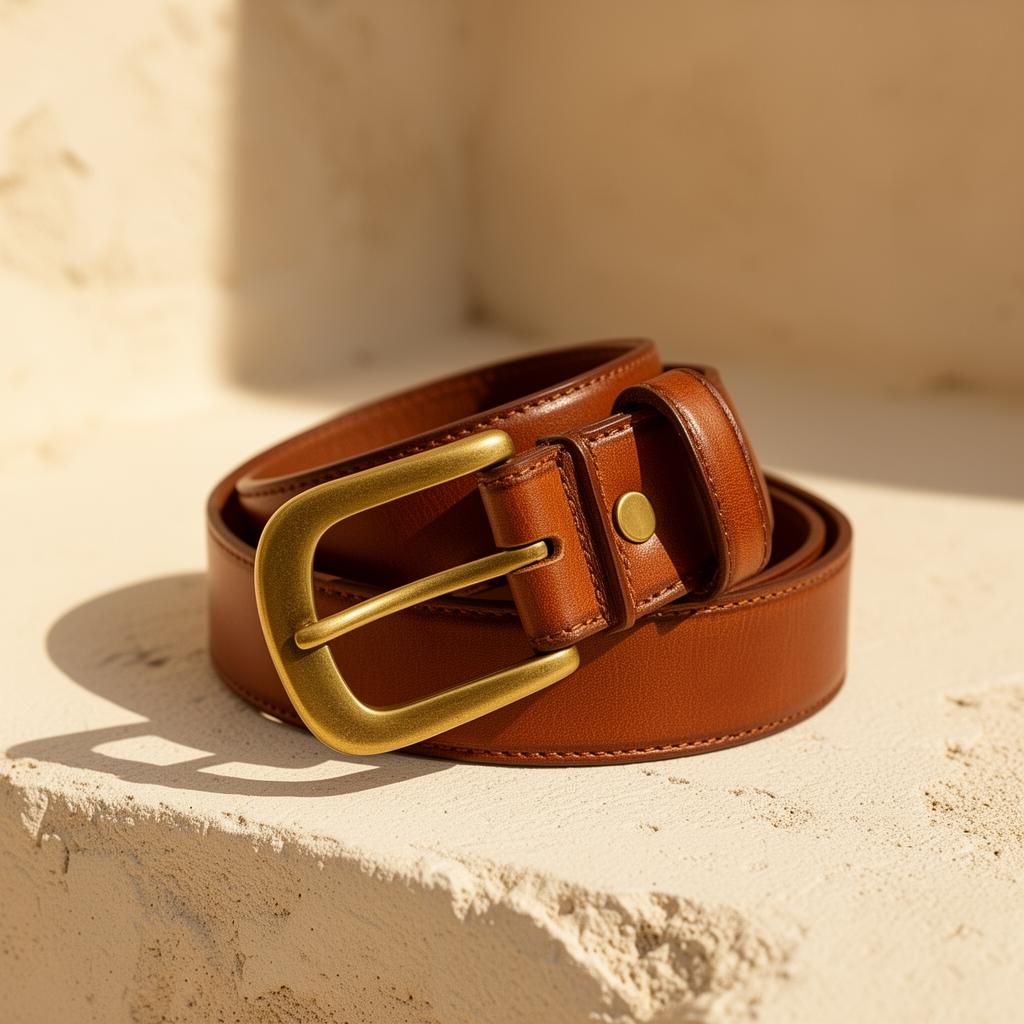 Coiled cognac leather belt with brass buckle