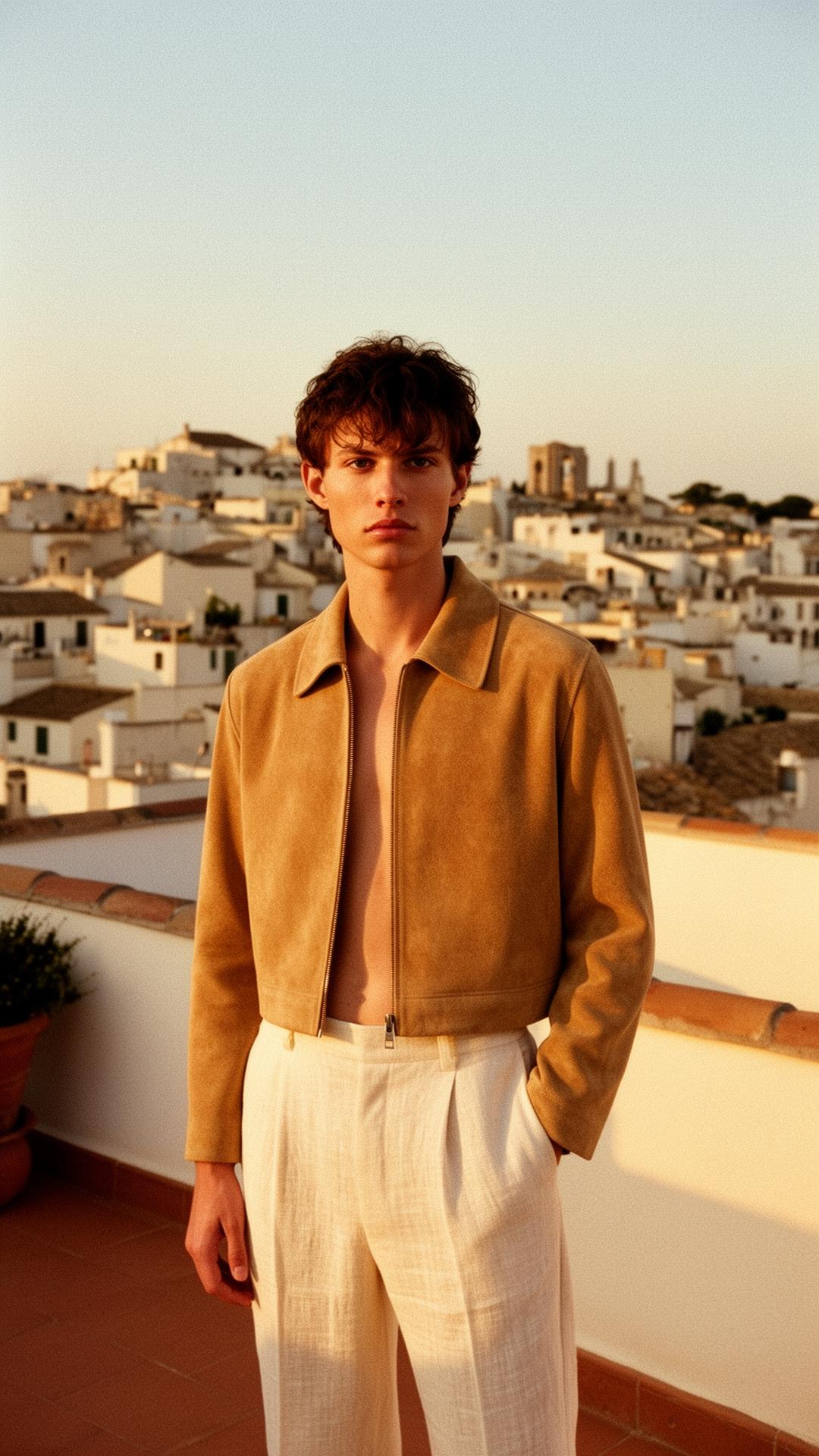 Model in soft camel suede jacket on a Mediterranean rooftop at golden hour