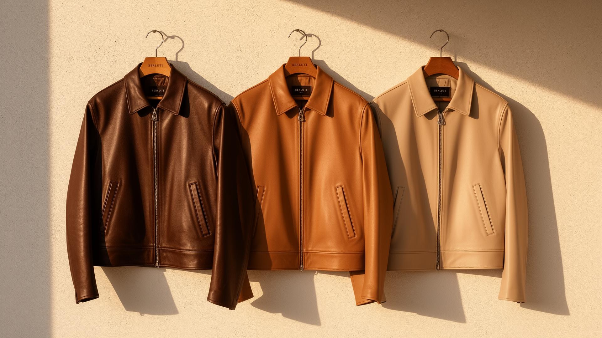 Three luxury leather jackets on warm ivory plaster wall
